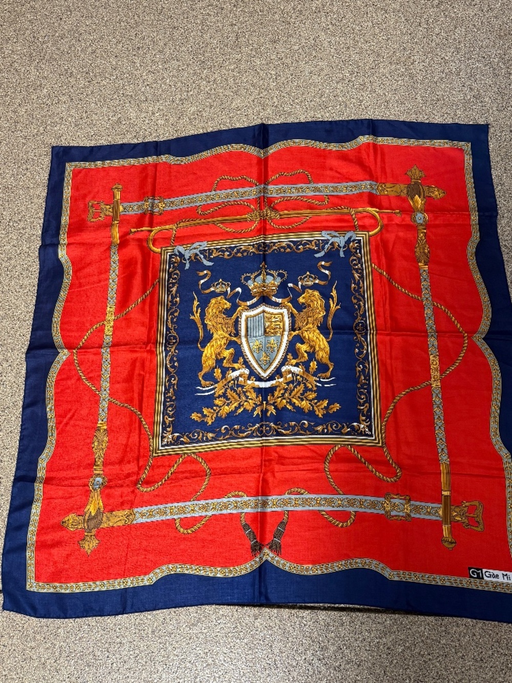VINTAGE GAEMI SILK 32 INCH SQUARE VIBRANT SCARF WITH COAT OF ARM PATTERN